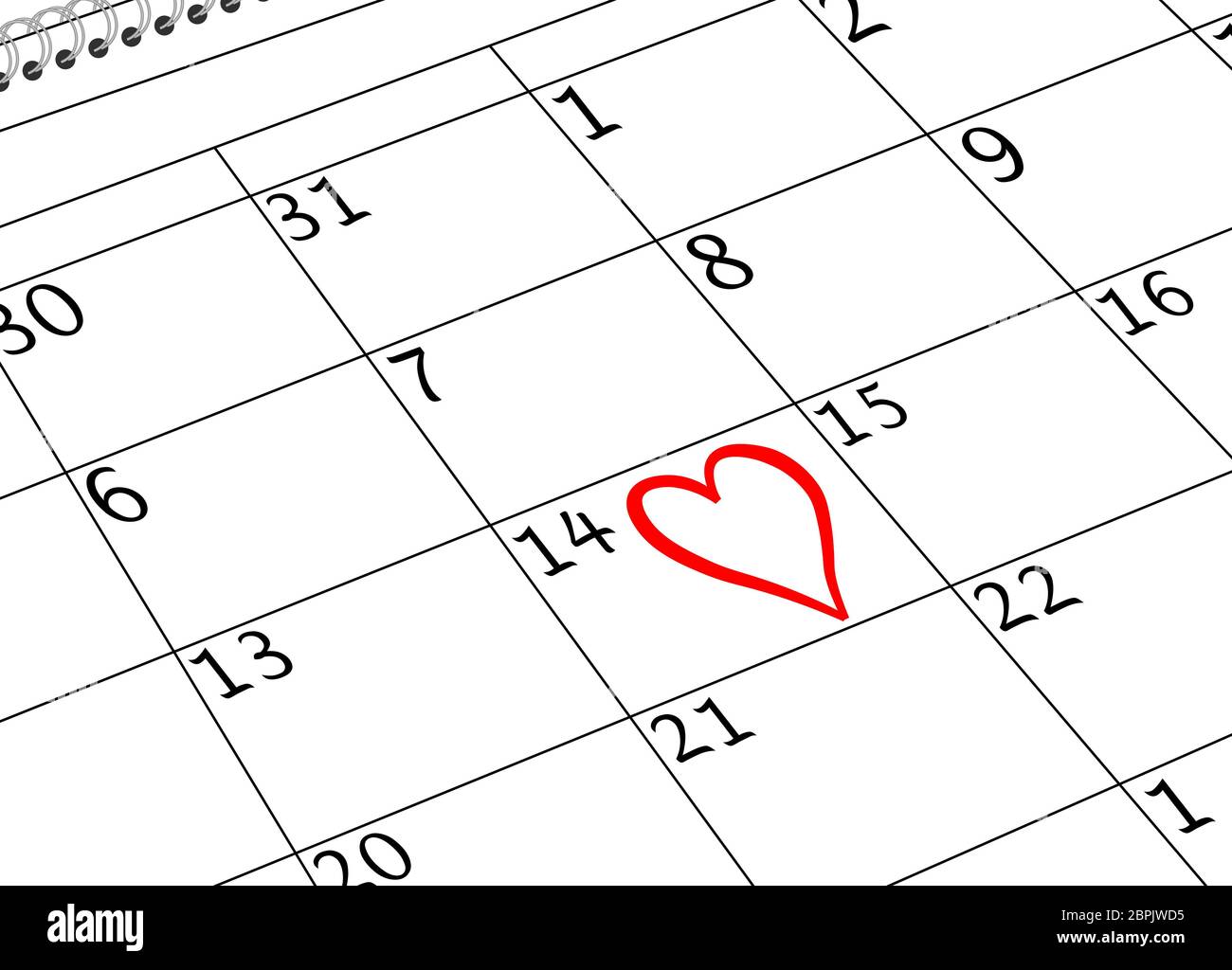 Valentine`s Day Kalenderseite mit Herz Stockfoto